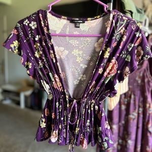 Purple Floral Front Tie Top